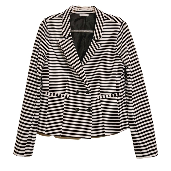 Halogen | Black & White Striped Cropped Blazer Jacket (Size Large) - Picture 1 of 14
